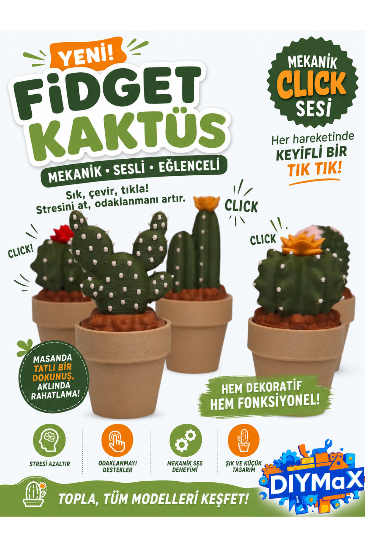 5 ADET Fidget Sukulent Maketi | Tıklamalı Stres Oyuncağı | Ofis Hediyesi Dekoratif Kaktüs