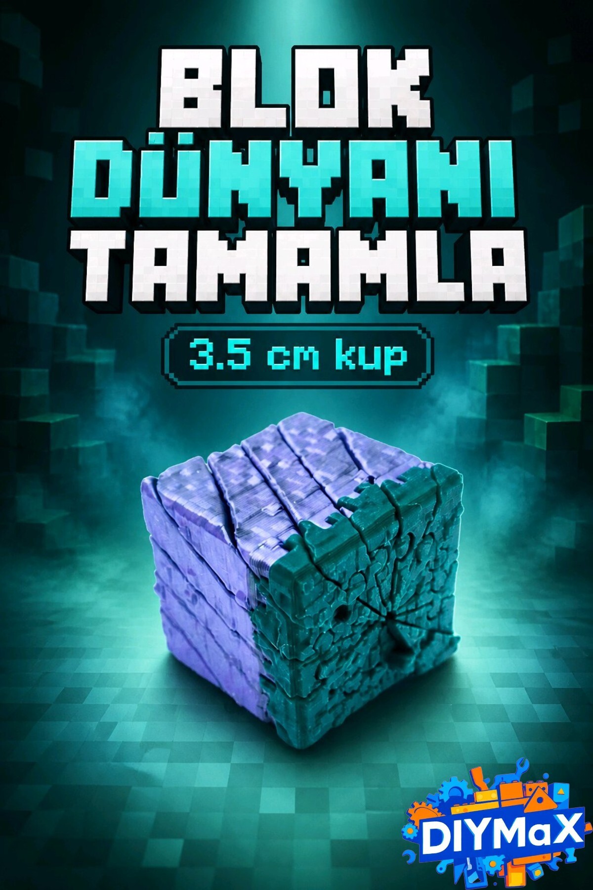 Minecraft Fidget Çim Küp 3.5cm | Pixel Art Kaydırmalı Stres Oyuncağı – El Oyuncağı