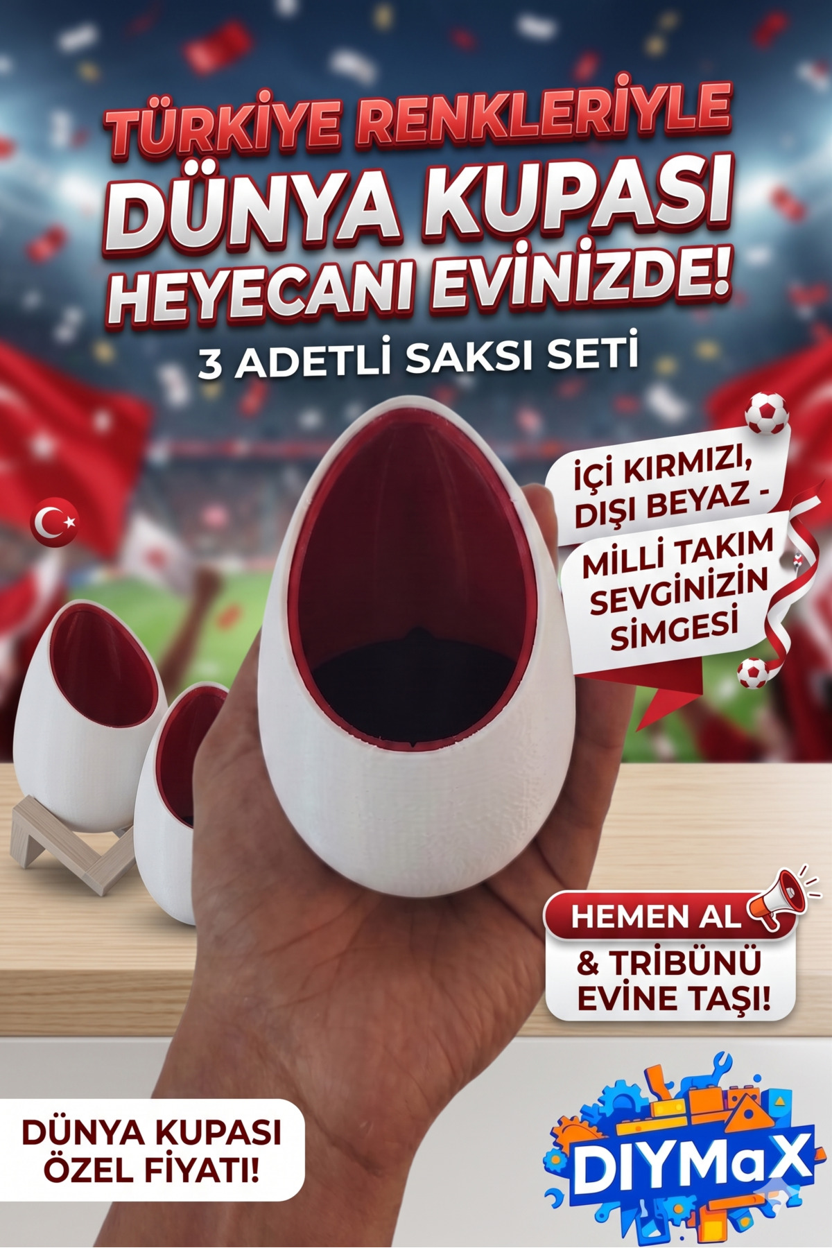 Dünya Kupası Milli Takım Özel Koleksiyon 3'lü Saksı Seti | Kırmızı Beyaz Yumurta Tasarım