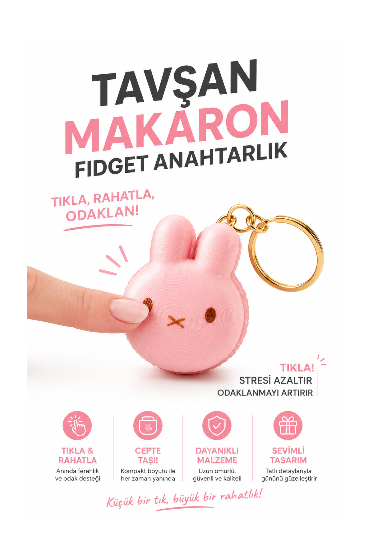 Tavşan Makaron Fidget Anahtarlık Tıklamalı Sesli Stres Giderici Anahtarlık Aksesuar
