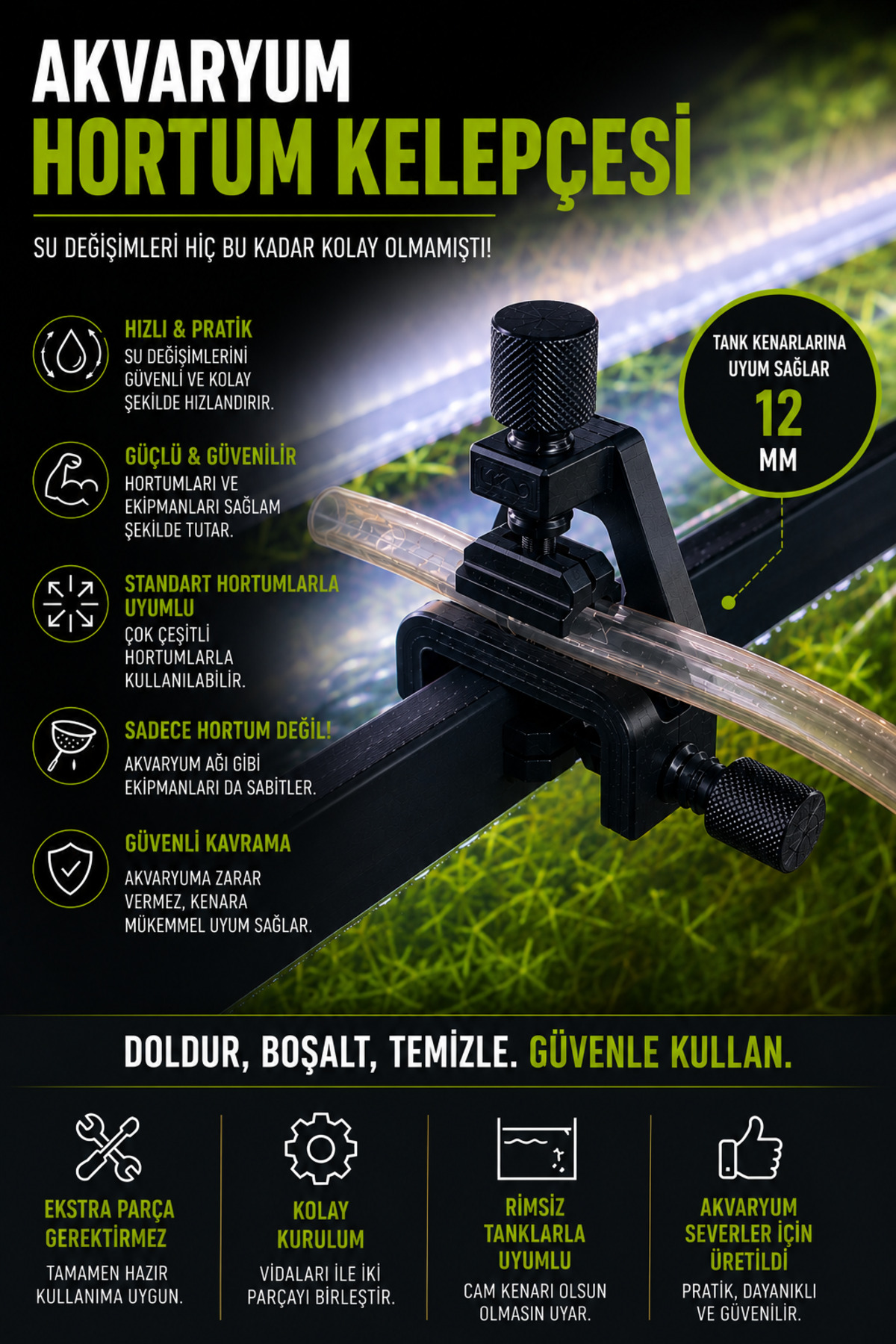 Akvaryum Hortum Kelepçesi Sabitleyici | Su Değişim Aparatı | Rimli & Rimsiz Tank Uyumlu