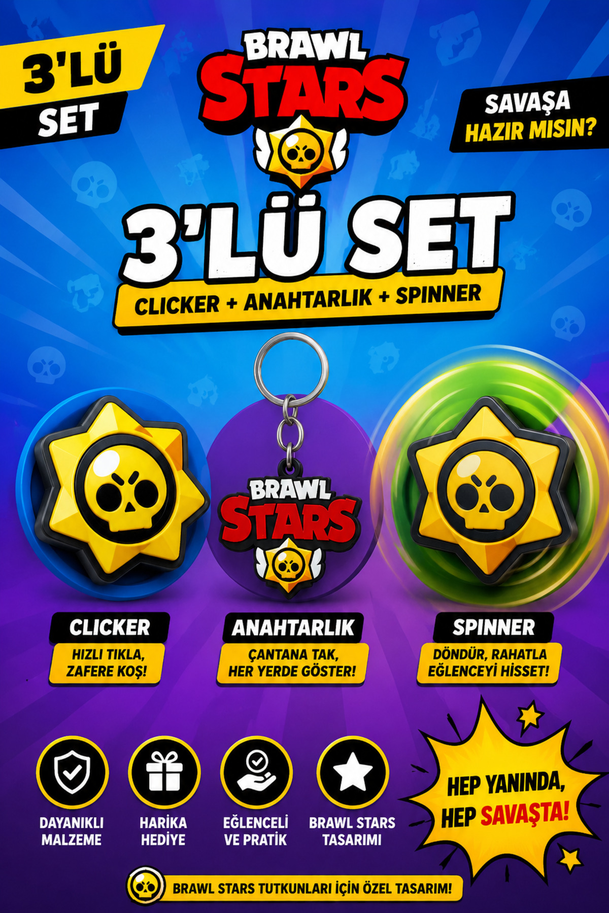 Brawl Stars 3’lü Set Clicker Spinner Anahtarlık Oyuncu Hediyesi