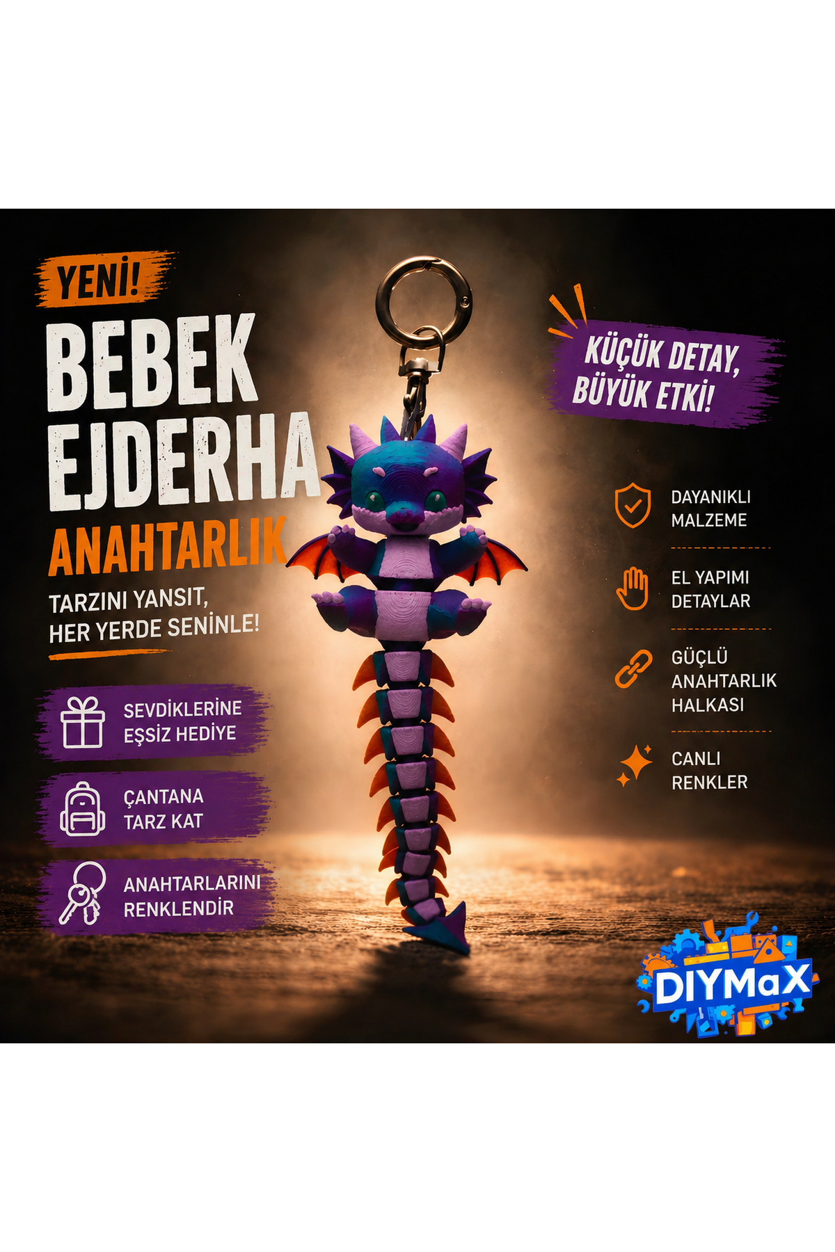 Gökkuşağı Ejderhası: Hareketli Bebek Ejderha Anahtarlık - Eğlenceli El Oyuncağı (15cm)