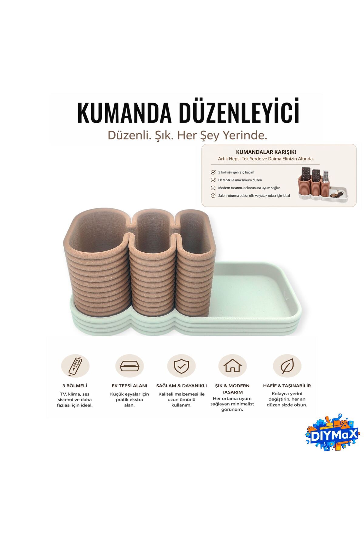 Modern 3 Bölmeli Kumanda Düzenleyici & Dekoratif Masaüstü Organizer
