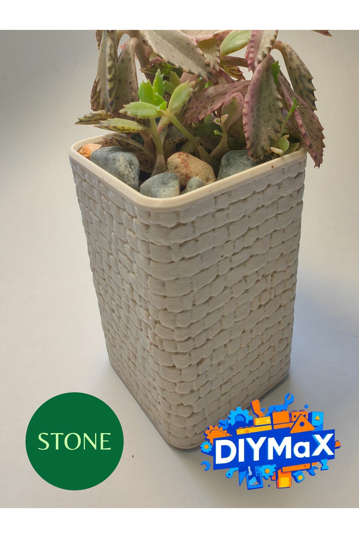 STONE Model Dekoratif Saksı 5x5x8 cm – Parmaklık Desenli Modern Mini Sukulent & Kaktüs Saksısı