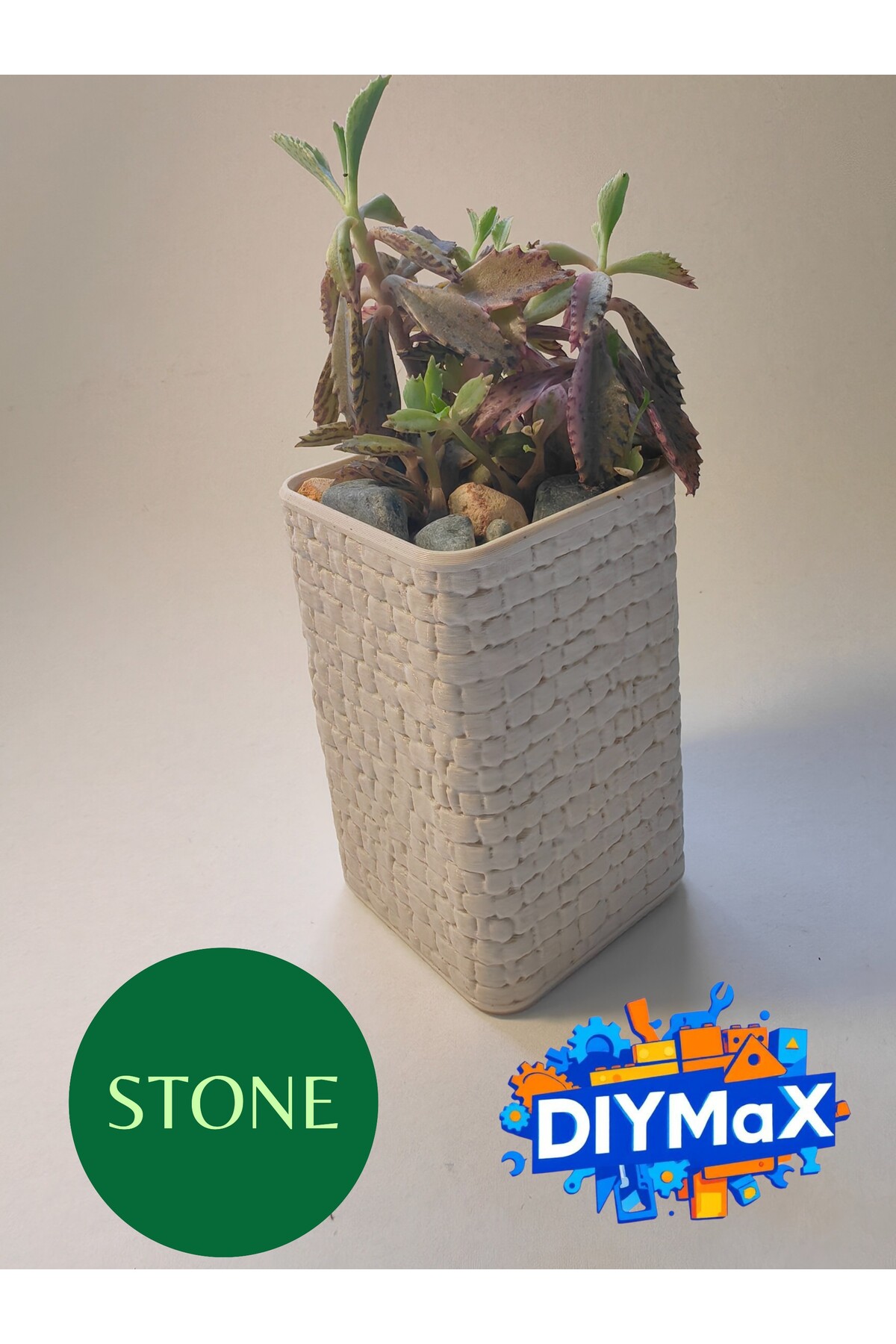 STONE Model Dekoratif Saksı 5x5x8 cm – Parmaklık Desenli Modern Mini Sukulent & Kaktüs Saksısı