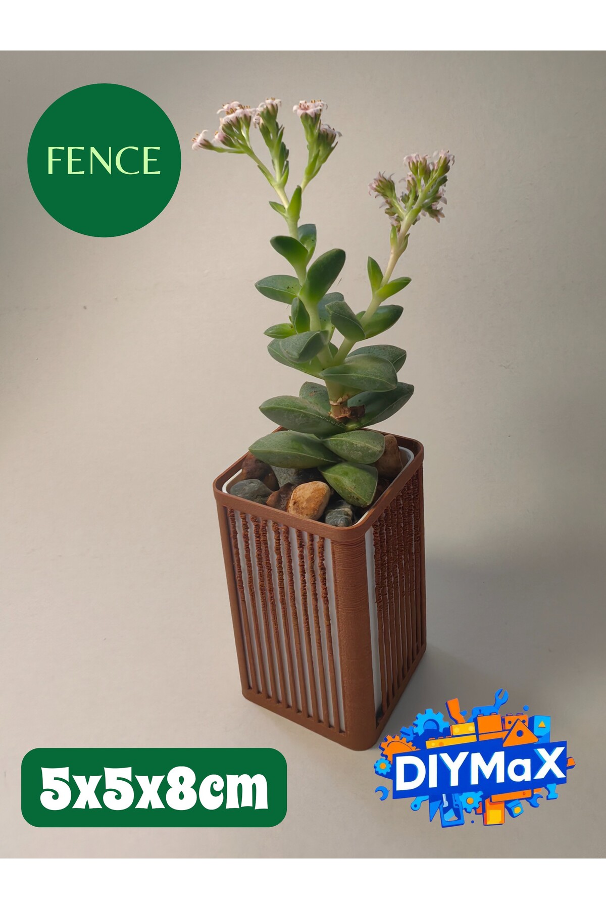 FENCE Model Dekoratif Saksı 5x5x8 cm – Parmaklık Desenli Modern Mini Sukulent & Kaktüs Saksısı