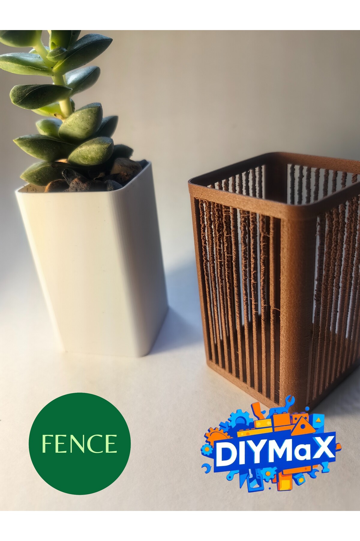 FENCE Model Dekoratif Saksı 5x5x8 cm – Parmaklık Desenli Modern Mini Sukulent & Kaktüs Saksısı